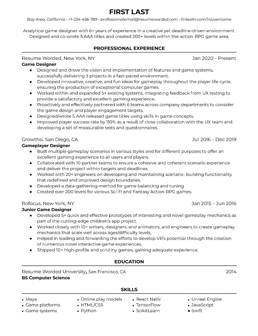 Game Designer CV template đạt chuẩn ATS (Applicant Tracking System).