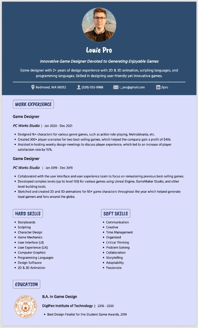 Game Designer CV template đơn giản với gam màu xanh chủ đạo.