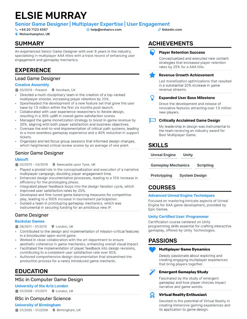 Game Designer CV template hiện đại, tối giản.