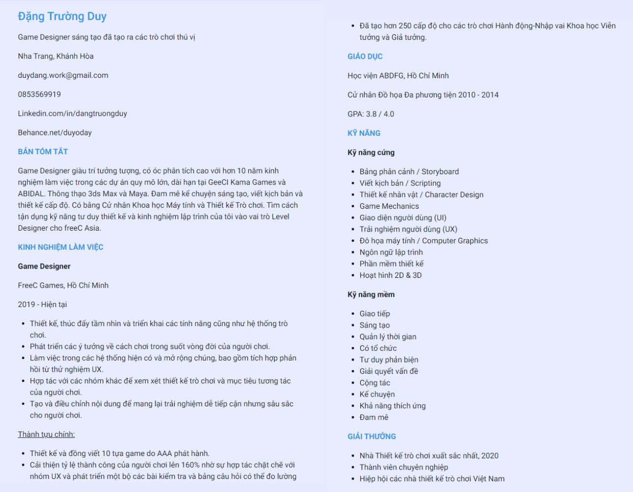 Mẫu CV Game Designer tiếng Việt đơn giản, đẹp.