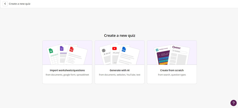 Bước 3: Chọn cách để tạo ra các câu hỏi: Import worksheets/question (tải tài liệu có sẵn từ máy tính), Generate with AI (tạo câu hỏi bằng AI), Create from scratch (Tạo mới từ đầu).