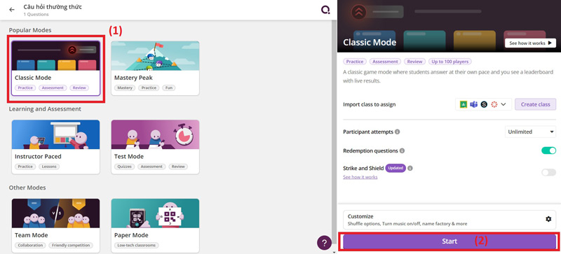 Bước 8: Sau đó chọn chế độ “Classic Mode” (1) và ấn “Start” (2) để người chơi bắt đầu tham gia chơi.