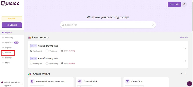 Bước 1: Đăng nhập tài khoản của bạn tại Quizizz.com, sau đó chọn mục “Classes”.