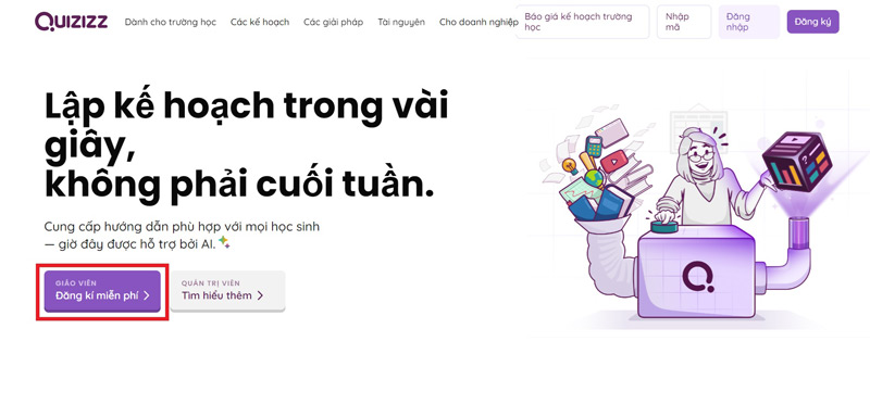 Bước 1: Truy cập website Quizizz.com và click vào nút “Đăng kí miễn phí” để tiếp tục.